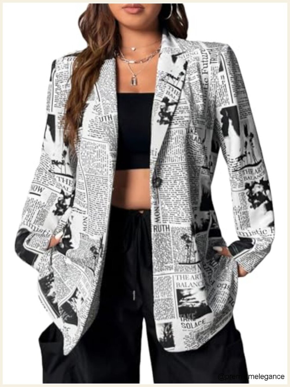 Newspaper Print Blazer Shawl Collar Long Sleeve Work Office Jacket with Stretch